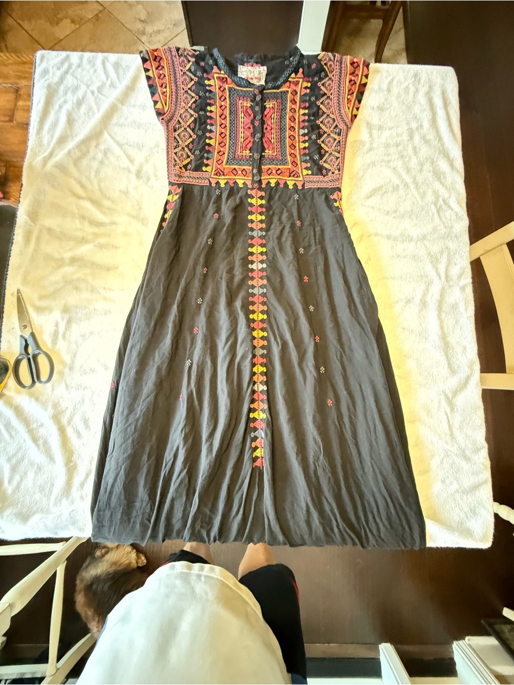 Johnny Was Black Maxi Dress with Pink & Orange Embroidery